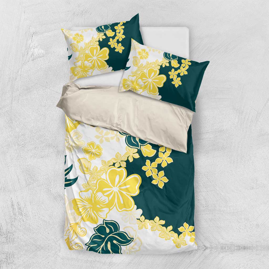 Yelow Teal Hibiscus Plumeria Floral Bedding Set - Polynesian Pride