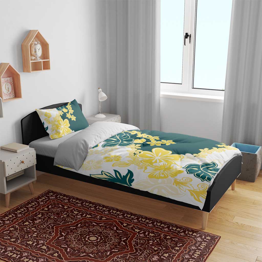 Yelow Teal Hibiscus Plumeria Floral Bedding Set - Polynesian Pride