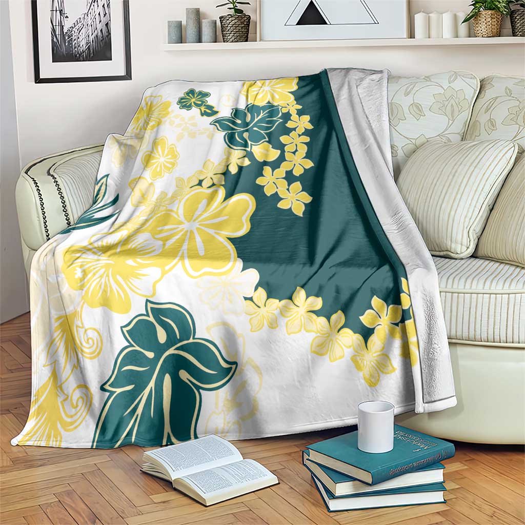 Yelow Teal Hibiscus Plumeria Floral Blanket - Polynesian Pride