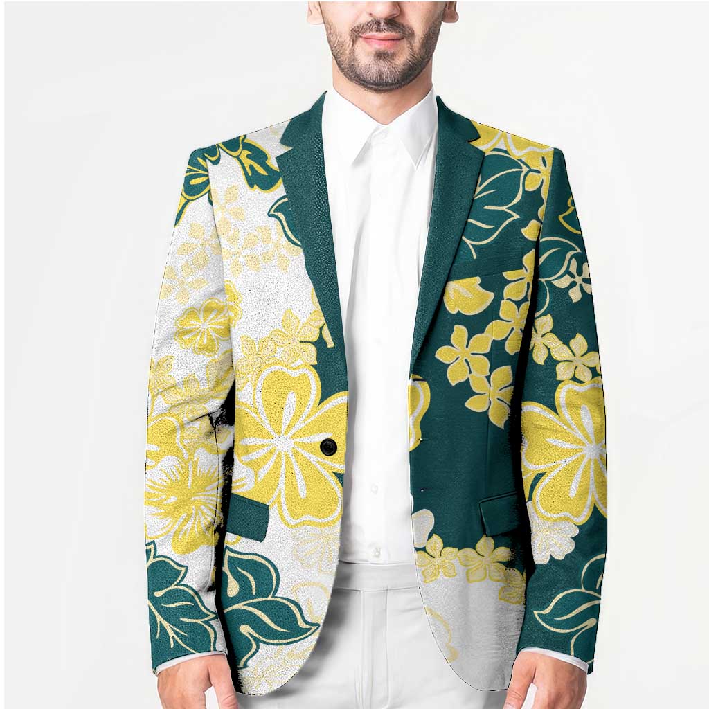 Yelow Teal Hibiscus Plumeria Floral Blazer - Polynesian Pride