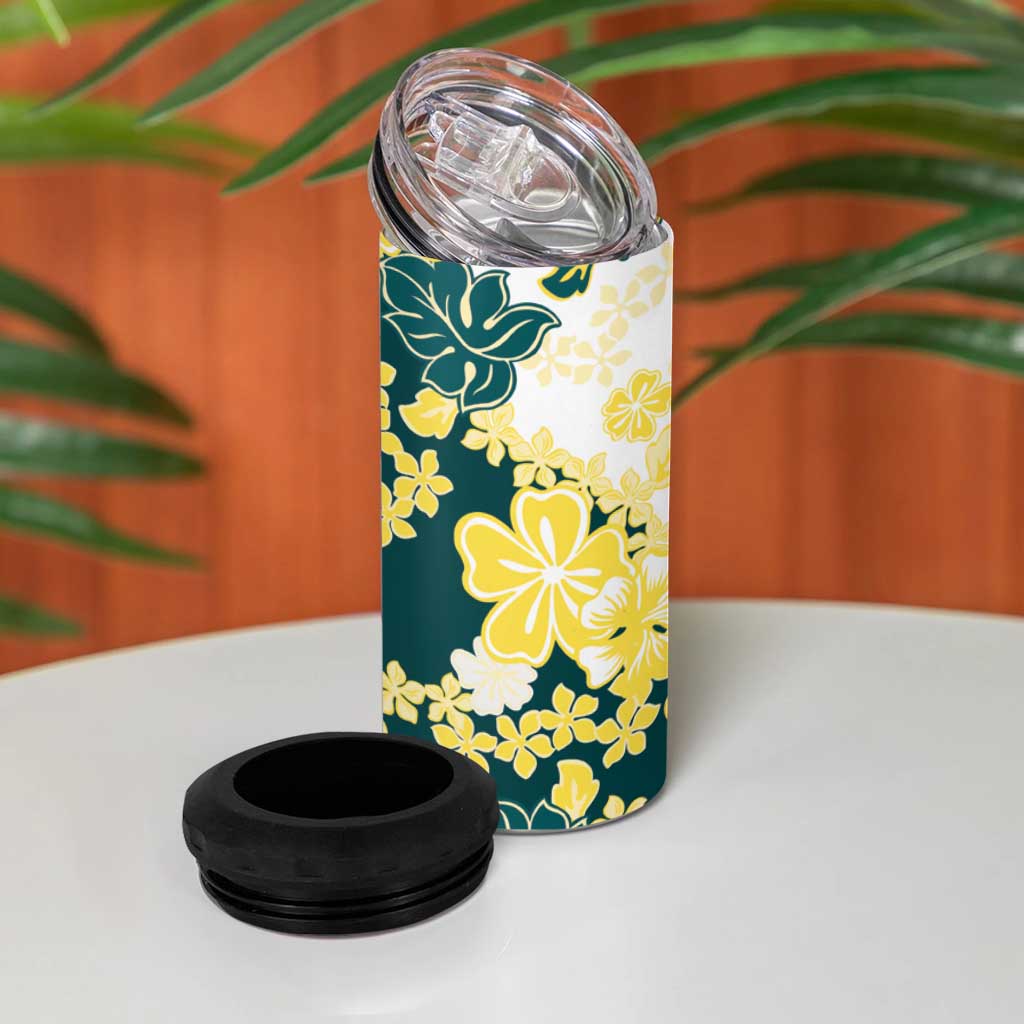 Yelow Teal Hibiscus Plumeria Floral 4 in 1 Can Cooler Tumbler - Polynesian Pride