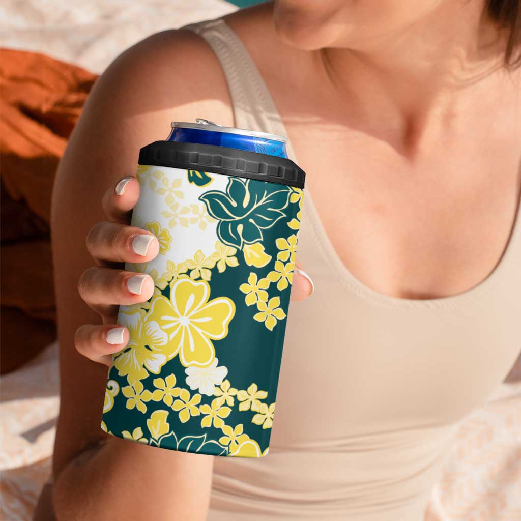 Yelow Teal Hibiscus Plumeria Floral 4 in 1 Can Cooler Tumbler - Polynesian Pride