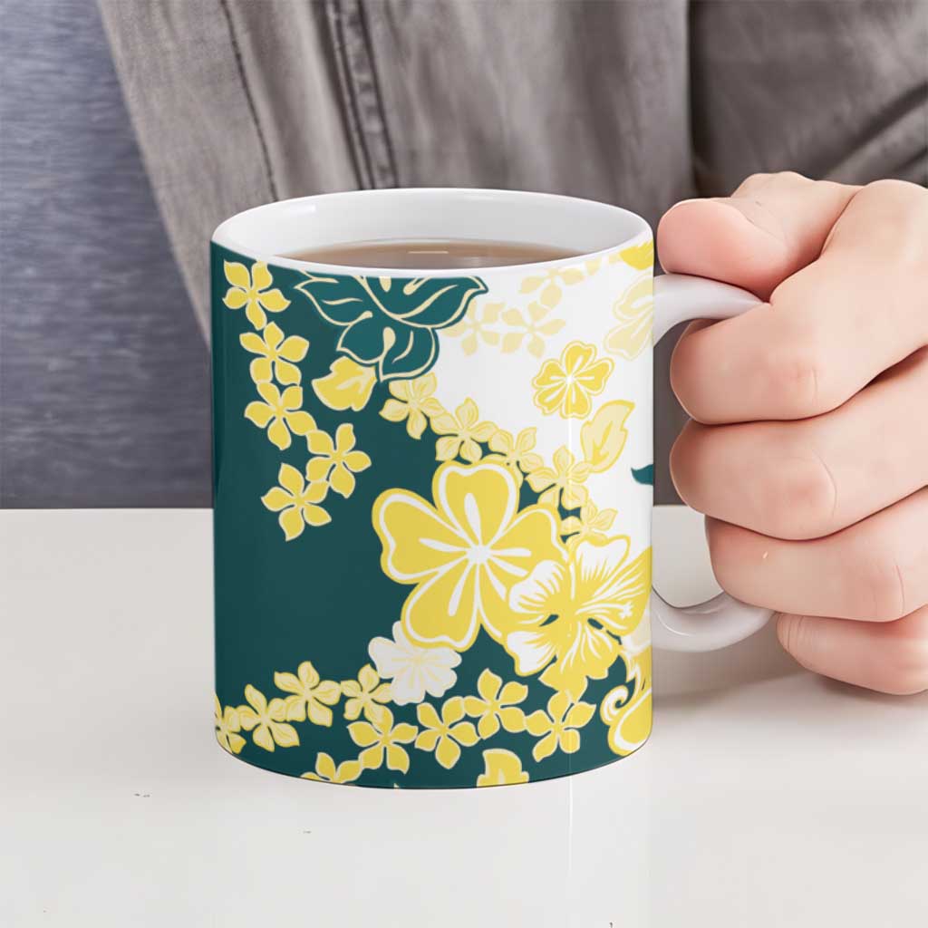 Yelow Teal Hibiscus Plumeria Floral Ceramic Mug - Polynesian Pride
