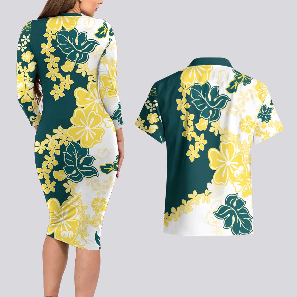 Yelow Teal Hibiscus Plumeria Floral Couples Matching Long Sleeve Bodycon Dress and Hawaiian Shirt - Polynesian Pride