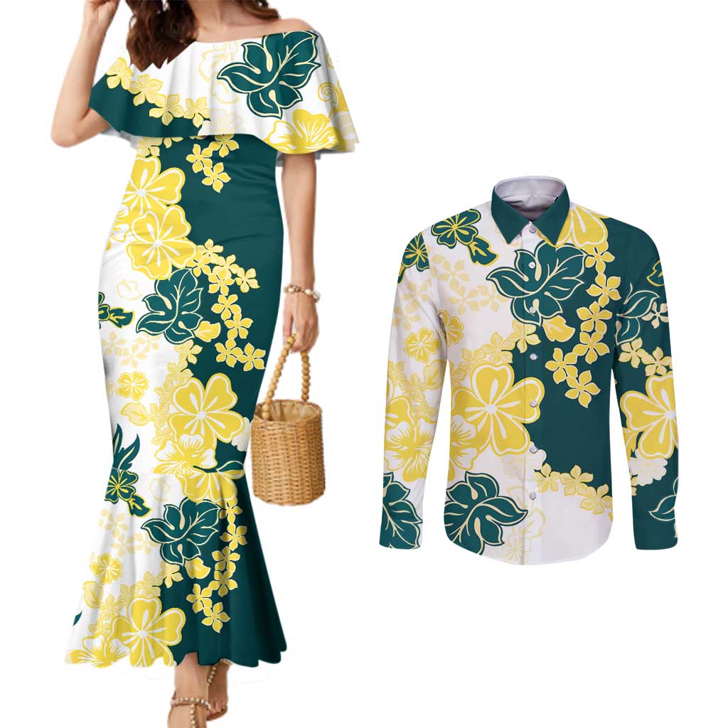 Yelow Teal Hibiscus Plumeria Floral Couples Matching Mermaid Dress and Long Sleeve Button Shirt - Polynesian Pride