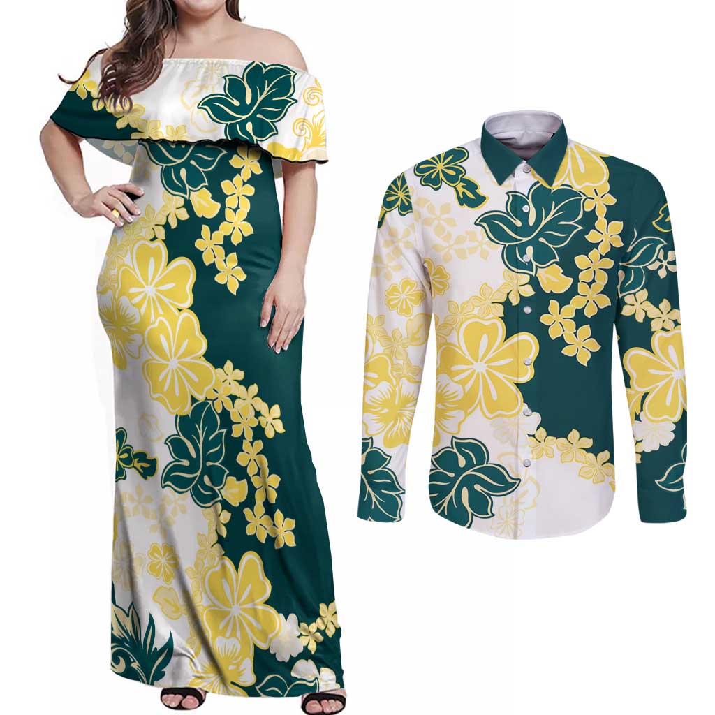 Yelow Teal Hibiscus Plumeria Floral Couples Matching Off Shoulder Maxi Dress and Long Sleeve Button Shirt - Polynesian Pride