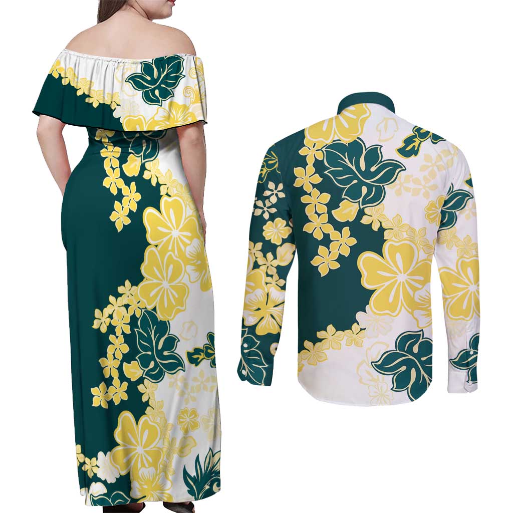 Yelow Teal Hibiscus Plumeria Floral Couples Matching Off Shoulder Maxi Dress and Long Sleeve Button Shirt - Polynesian Pride