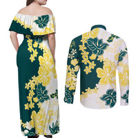 Yelow Teal Hibiscus Plumeria Floral Couples Matching Off Shoulder Maxi Dress and Long Sleeve Button Shirt - Polynesian Pride