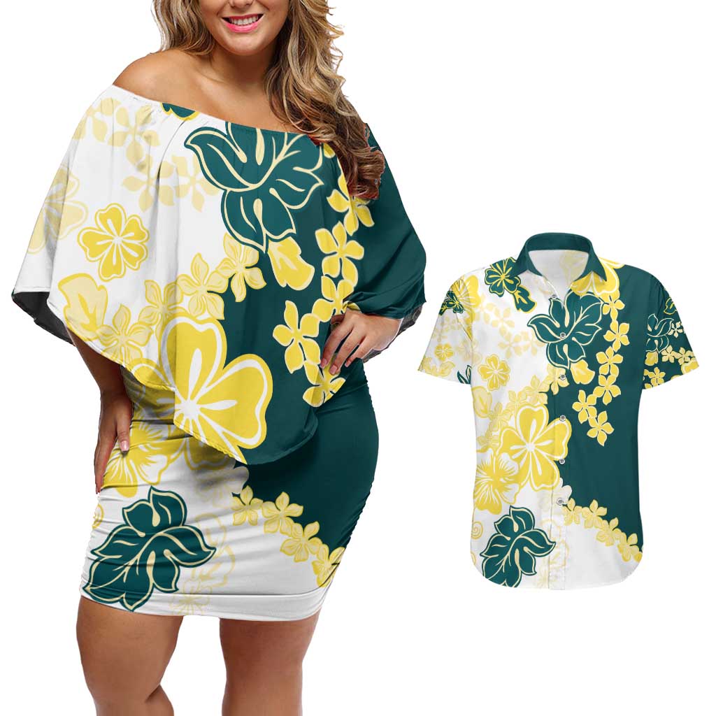 Yelow Teal Hibiscus Plumeria Floral Couples Matching Off Shoulder Short Dress and Hawaiian Shirt - Polynesian Pride