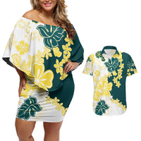 Yelow Teal Hibiscus Plumeria Floral Couples Matching Off Shoulder Short Dress and Hawaiian Shirt - Polynesian Pride