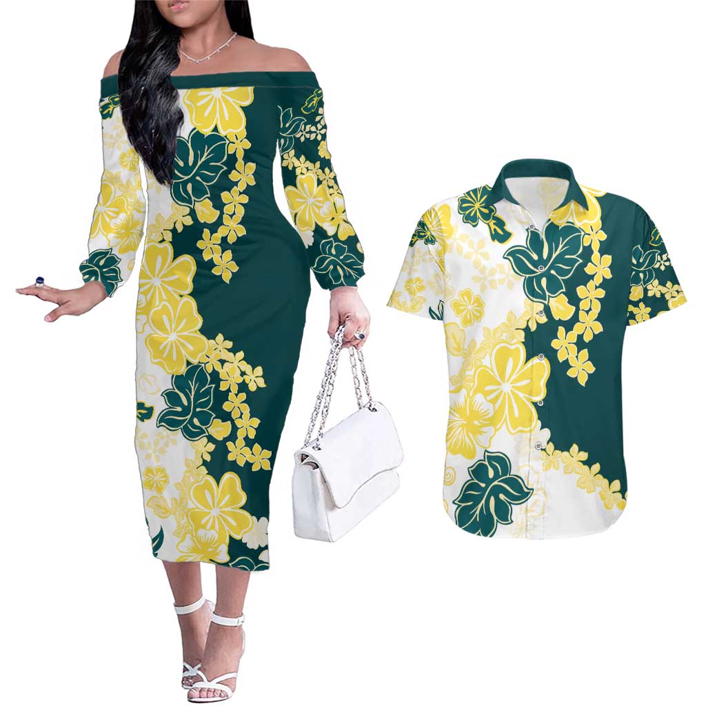 Yelow Teal Hibiscus Plumeria Floral Couples Matching Off The Shoulder Long Sleeve Dress and Hawaiian Shirt - Polynesian Pride