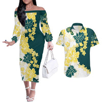 Yelow Teal Hibiscus Plumeria Floral Couples Matching Off The Shoulder Long Sleeve Dress and Hawaiian Shirt - Polynesian Pride