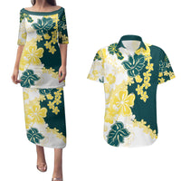 Yelow Teal Hibiscus Plumeria Floral Couples Matching Puletasi and Hawaiian Shirt - Polynesian Pride