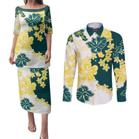 Yelow Teal Hibiscus Plumeria Floral Couples Matching Puletasi and Long Sleeve Button Shirt LT01 Yellow - Polynesian Pride