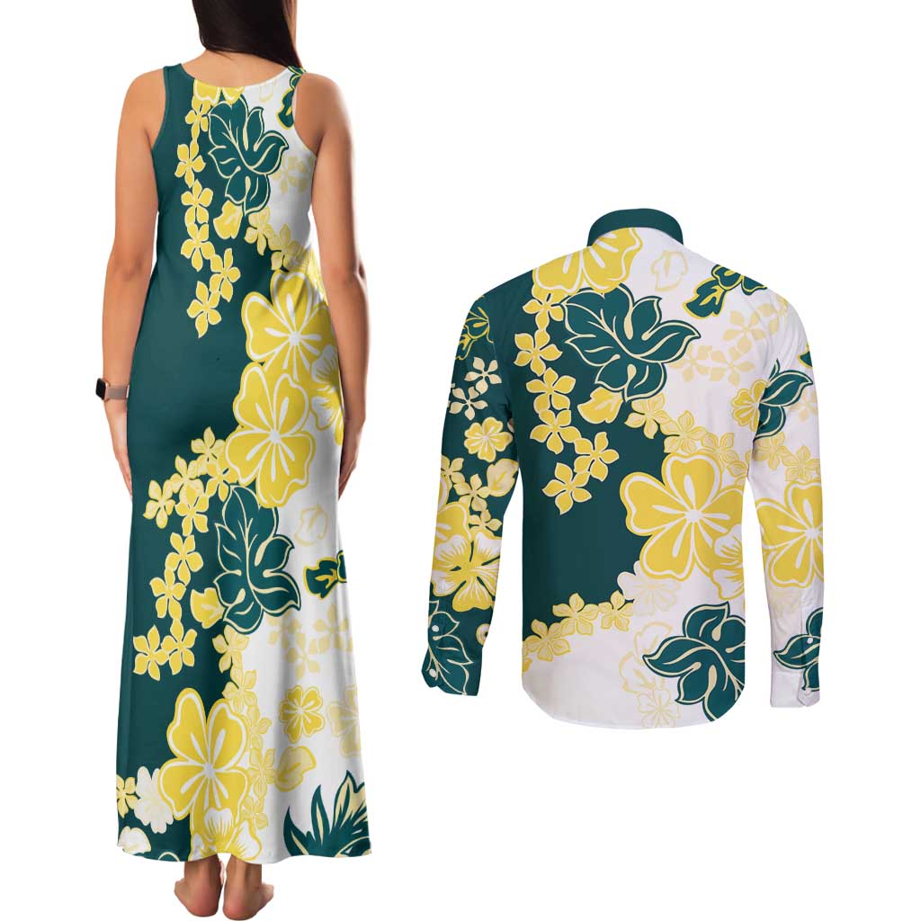 Yelow Teal Hibiscus Plumeria Floral Couples Matching Tank Maxi Dress and Long Sleeve Button Shirt - Polynesian Pride