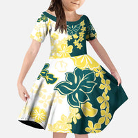 Yelow Teal Hibiscus Plumeria Floral Family Matching Long Sleeve Bodycon Dress and Hawaiian Shirt - Polynesian Pride