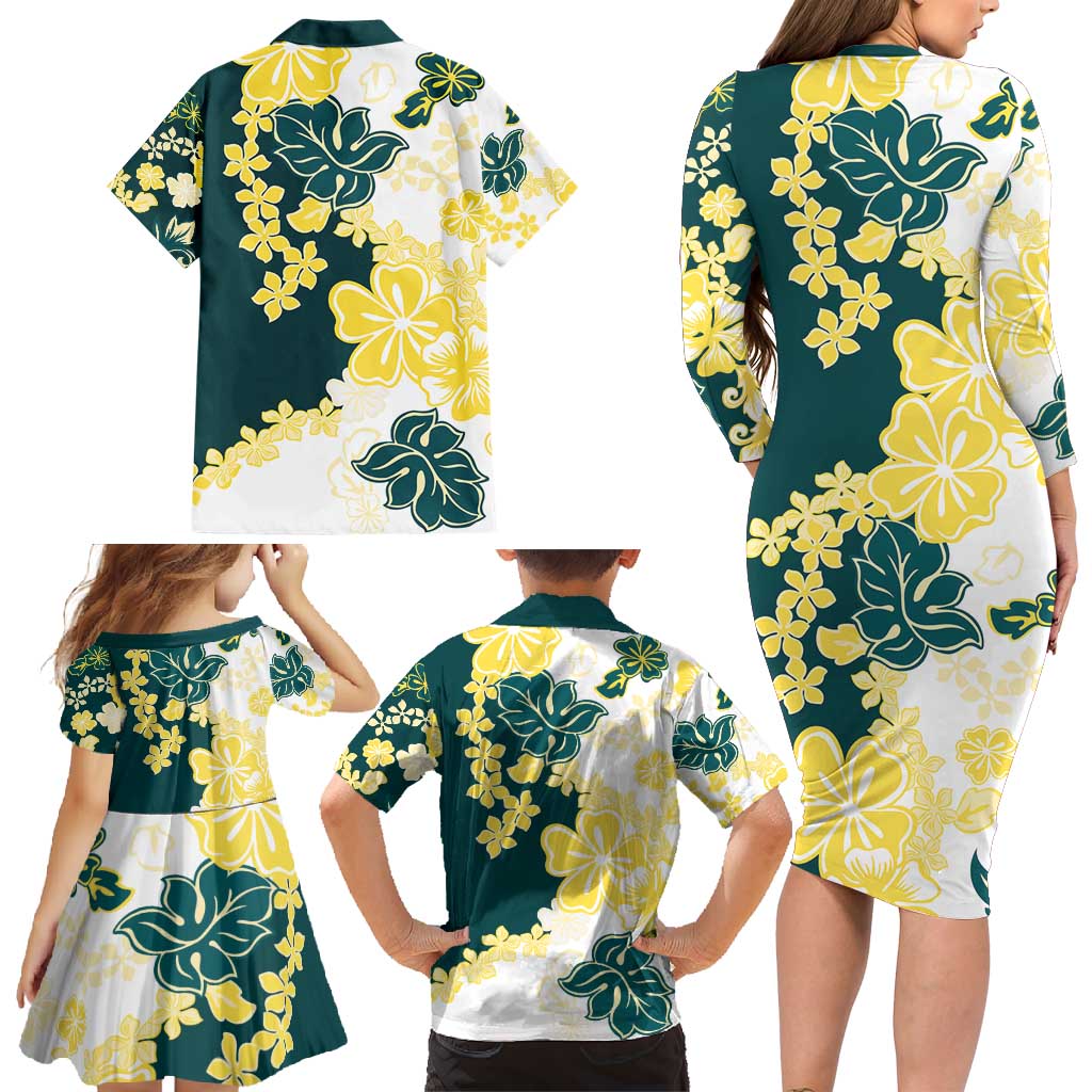 Yelow Teal Hibiscus Plumeria Floral Family Matching Long Sleeve Bodycon Dress and Hawaiian Shirt - Polynesian Pride
