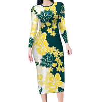 Yelow Teal Hibiscus Plumeria Floral Family Matching Long Sleeve Bodycon Dress and Hawaiian Shirt - Polynesian Pride