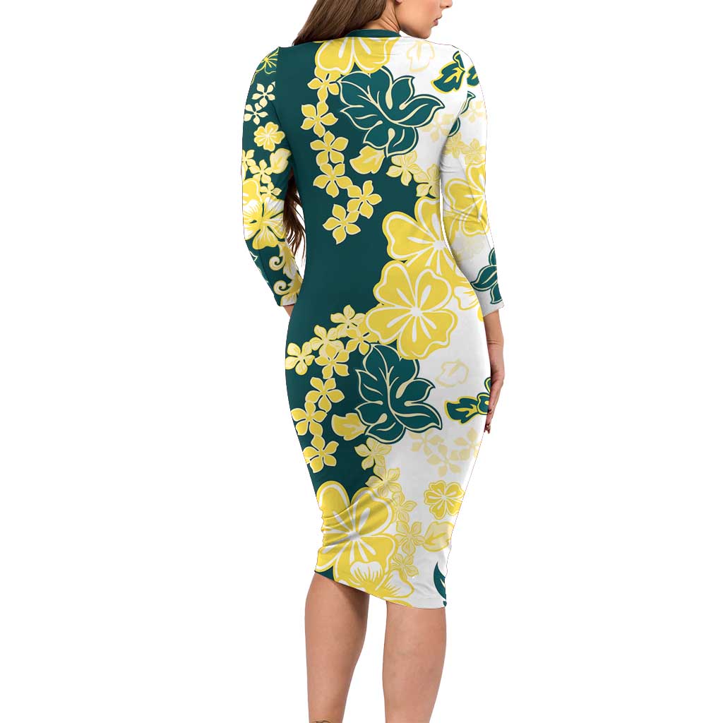 Yelow Teal Hibiscus Plumeria Floral Family Matching Long Sleeve Bodycon Dress and Hawaiian Shirt - Polynesian Pride