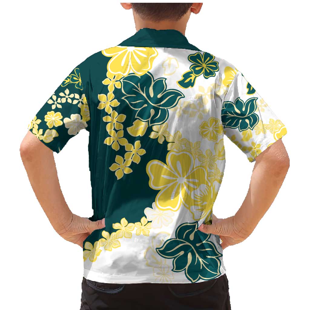 Yelow Teal Hibiscus Plumeria Floral Family Matching Mermaid Dress and Hawaiian Shirt - Polynesian Pride