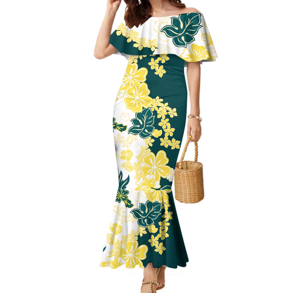 Yelow Teal Hibiscus Plumeria Floral Family Matching Mermaid Dress and Hawaiian Shirt - Polynesian Pride