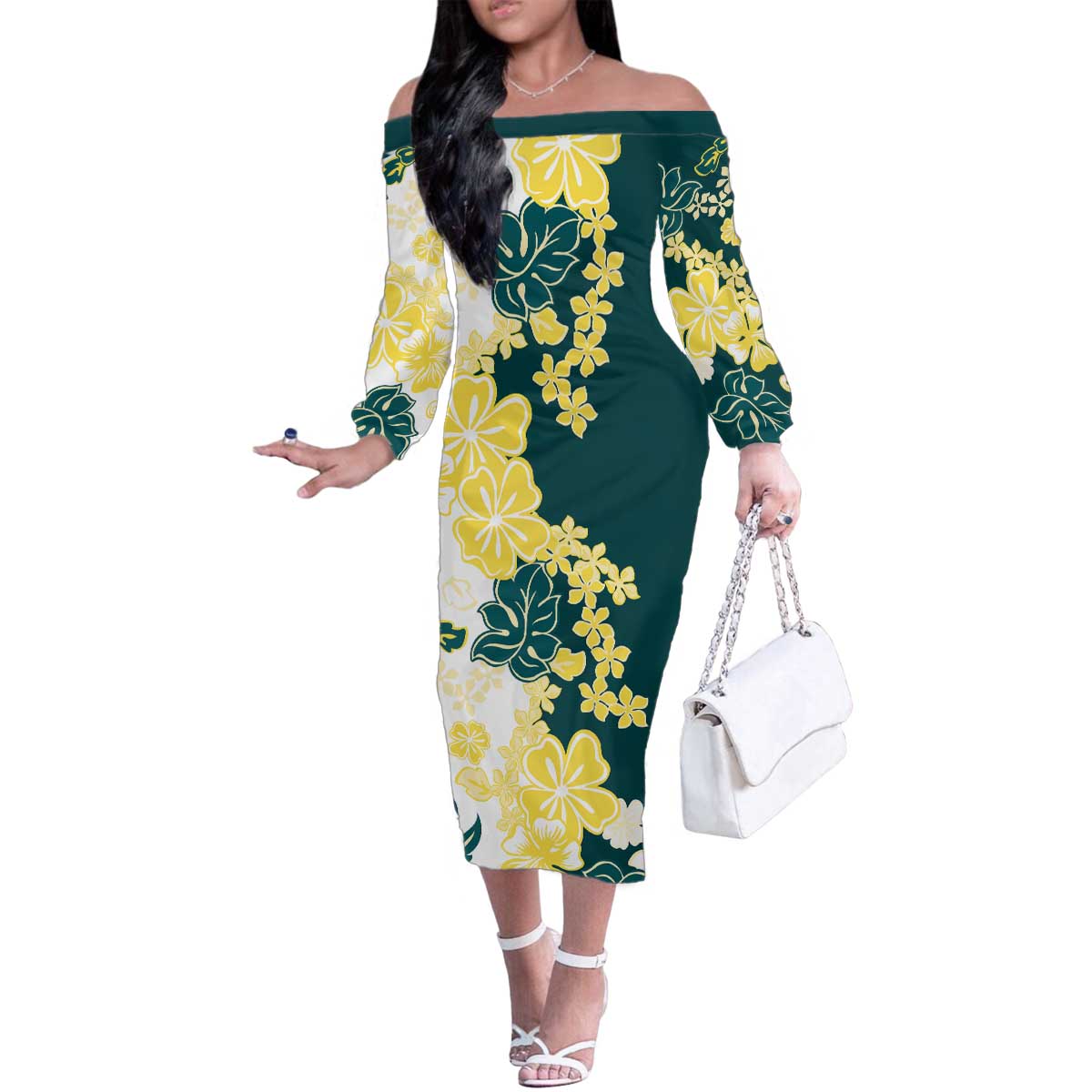 Yelow Teal Hibiscus Plumeria Floral Family Matching Off The Shoulder Long Sleeve Dress and Hawaiian Shirt - Polynesian Pride