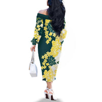 Yelow Teal Hibiscus Plumeria Floral Family Matching Off The Shoulder Long Sleeve Dress and Hawaiian Shirt - Polynesian Pride