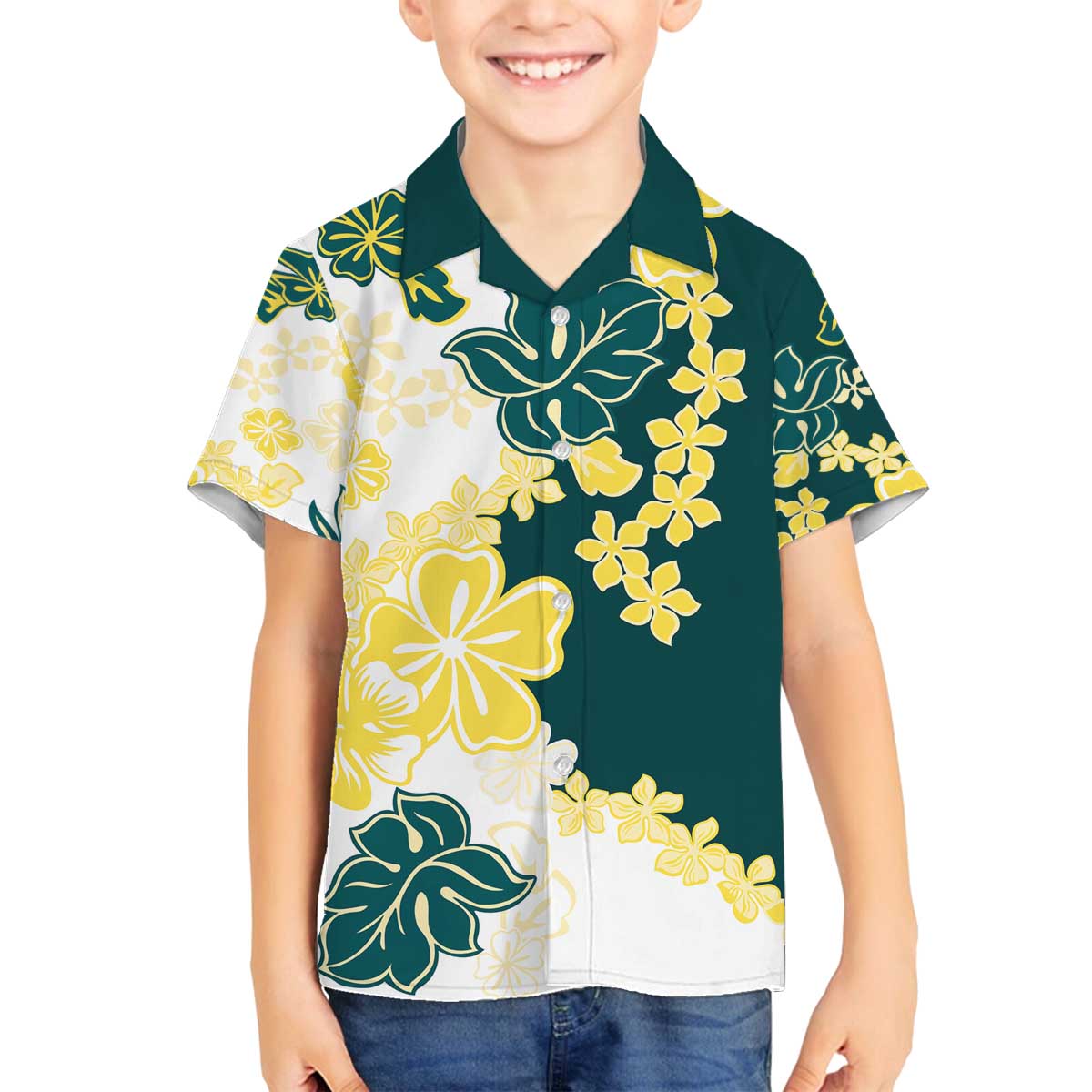 Yelow Teal Hibiscus Plumeria Floral Family Matching Off The Shoulder Long Sleeve Dress and Hawaiian Shirt - Polynesian Pride