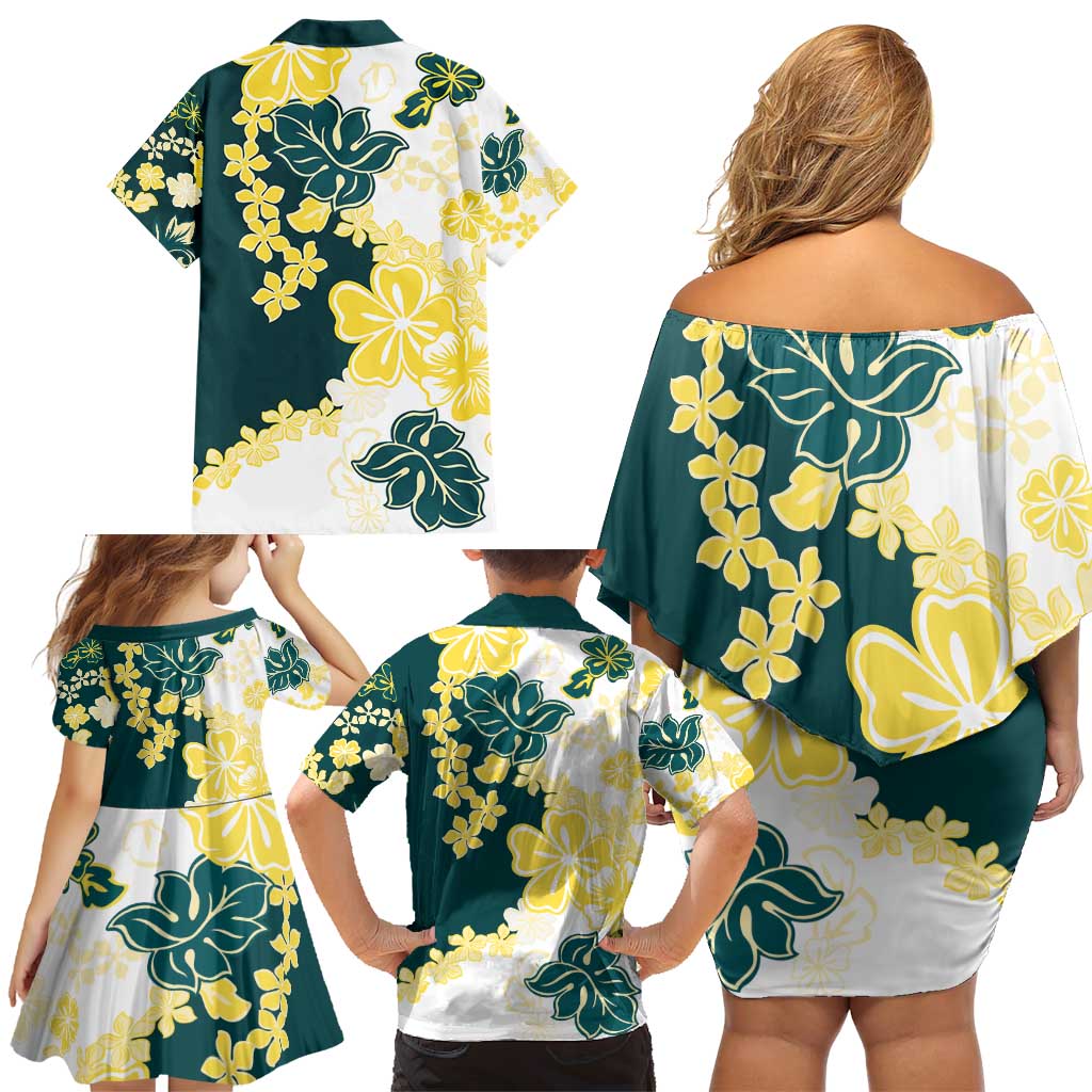 Yelow Teal Hibiscus Plumeria Floral Family Matching Off Shoulder Short Dress and Hawaiian Shirt - Polynesian Pride