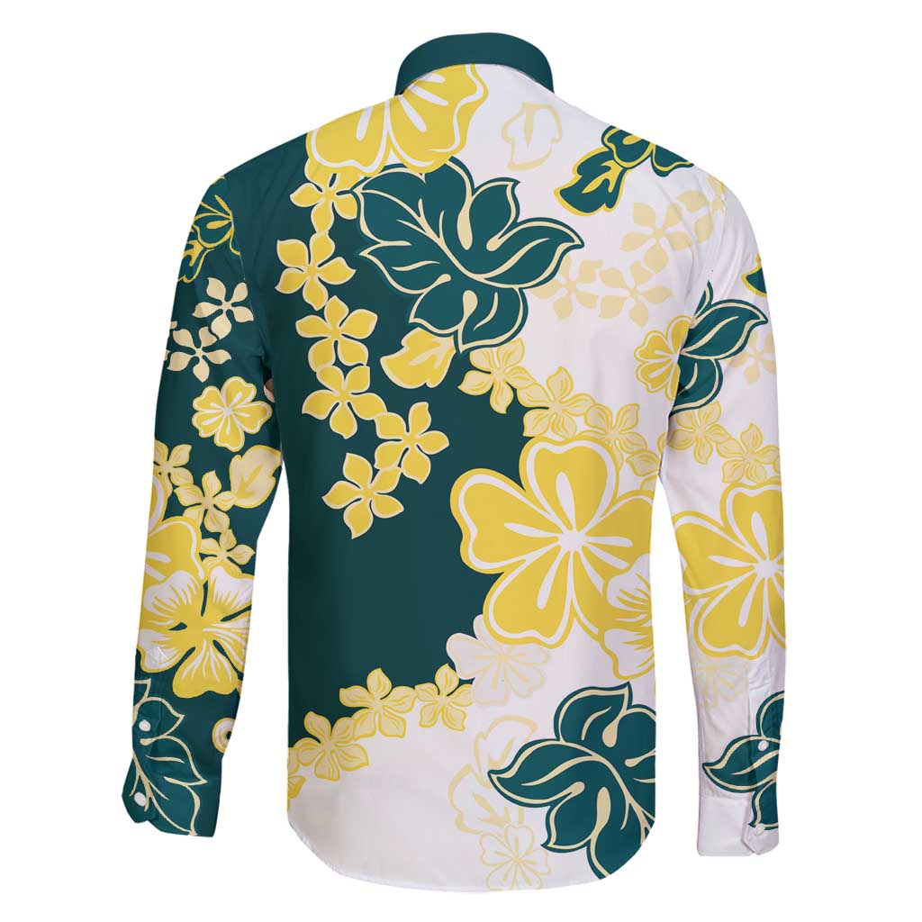 Yelow Teal Hibiscus Plumeria Floral Family Matching Off Shoulder Short Dress and Hawaiian Shirt - Polynesian Pride