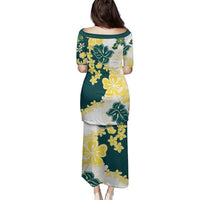 Yelow Teal Hibiscus Plumeria Floral Family Matching Puletasi and Hawaiian Shirt - Polynesian Pride