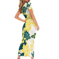 Yelow Teal Hibiscus Plumeria Floral Family Matching Short Sleeve Bodycon Dress and Hawaiian Shirt - Polynesian Pride