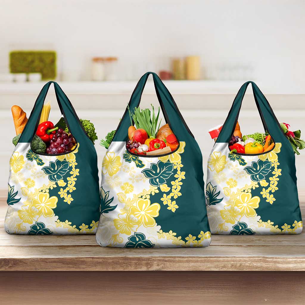 Yelow Teal Hibiscus Plumeria Floral Grocery Bag - Polynesian Pride