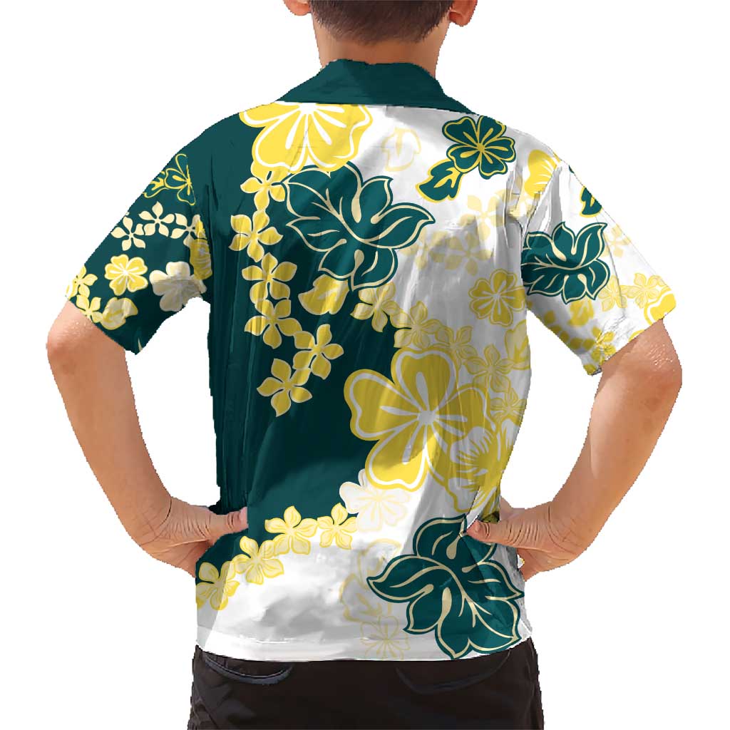 Yelow Teal Hibiscus Plumeria Floral Kid Hawaiian Shirt LT01 - Polynesian Pride