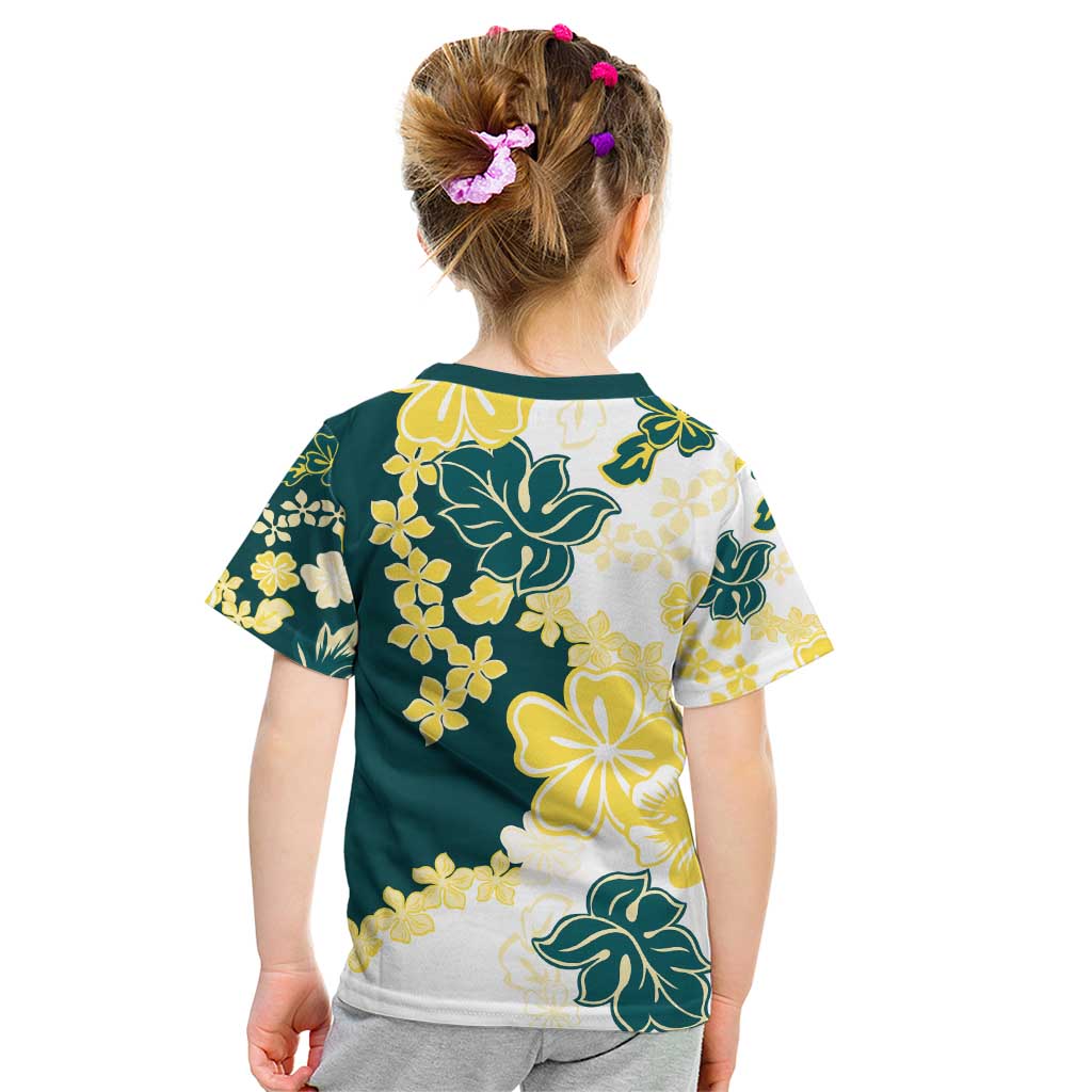 Yelow Teal Hibiscus Plumeria Floral Kid T Shirt - Polynesian Pride