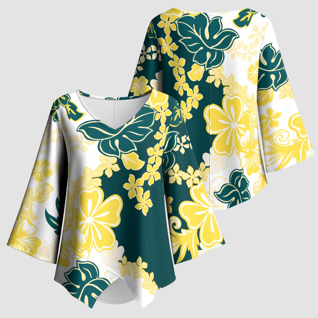 Yelow Teal Hibiscus Plumeria Floral Kimono Sleeve Blouse - Polynesian Pride