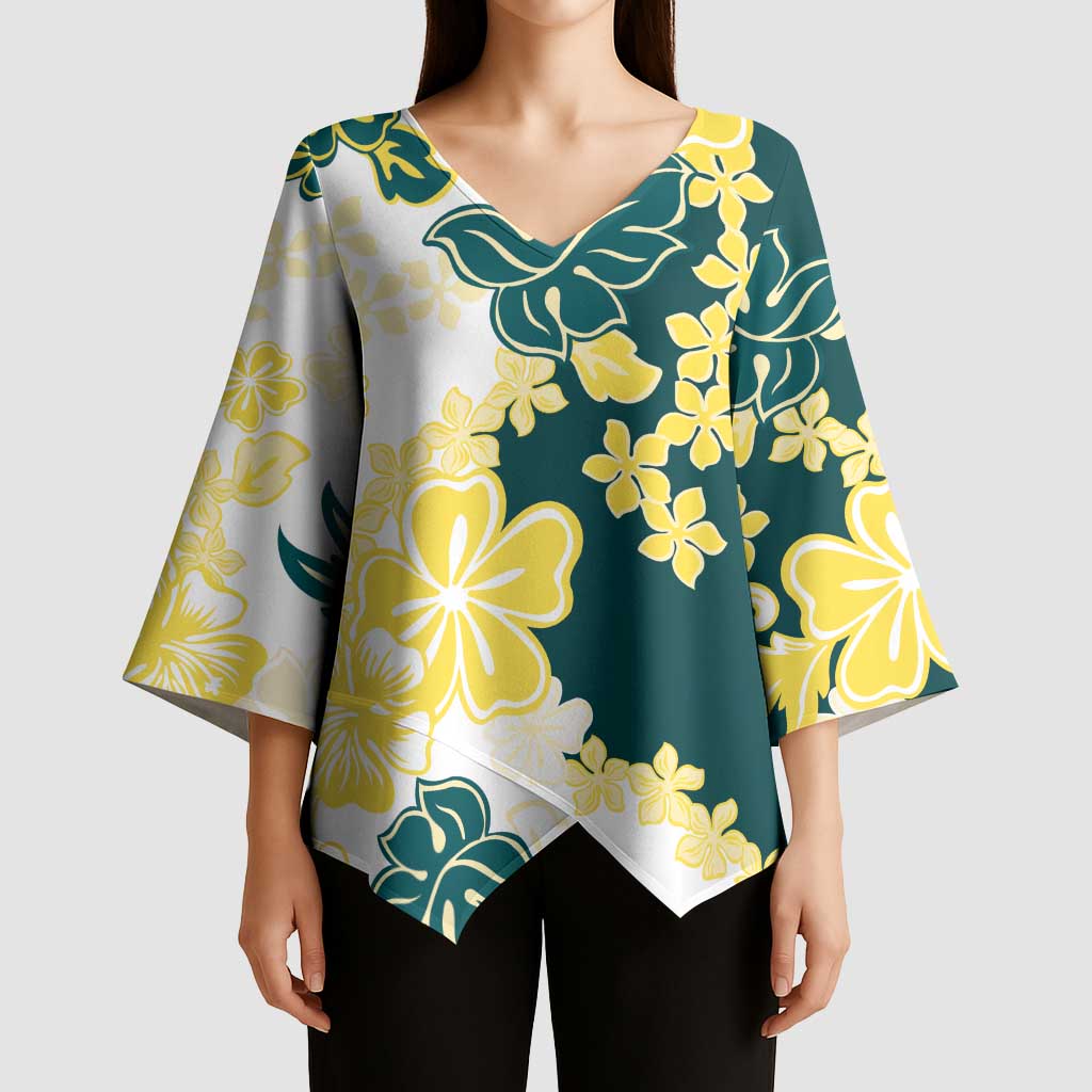 Yelow Teal Hibiscus Plumeria Floral Kimono Sleeve Blouse - Polynesian Pride
