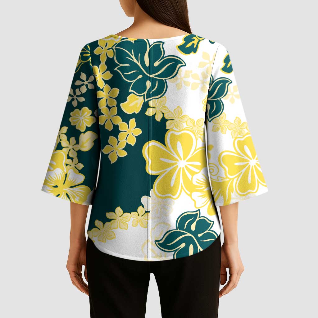 Yelow Teal Hibiscus Plumeria Floral Kimono Sleeve Blouse - Polynesian Pride