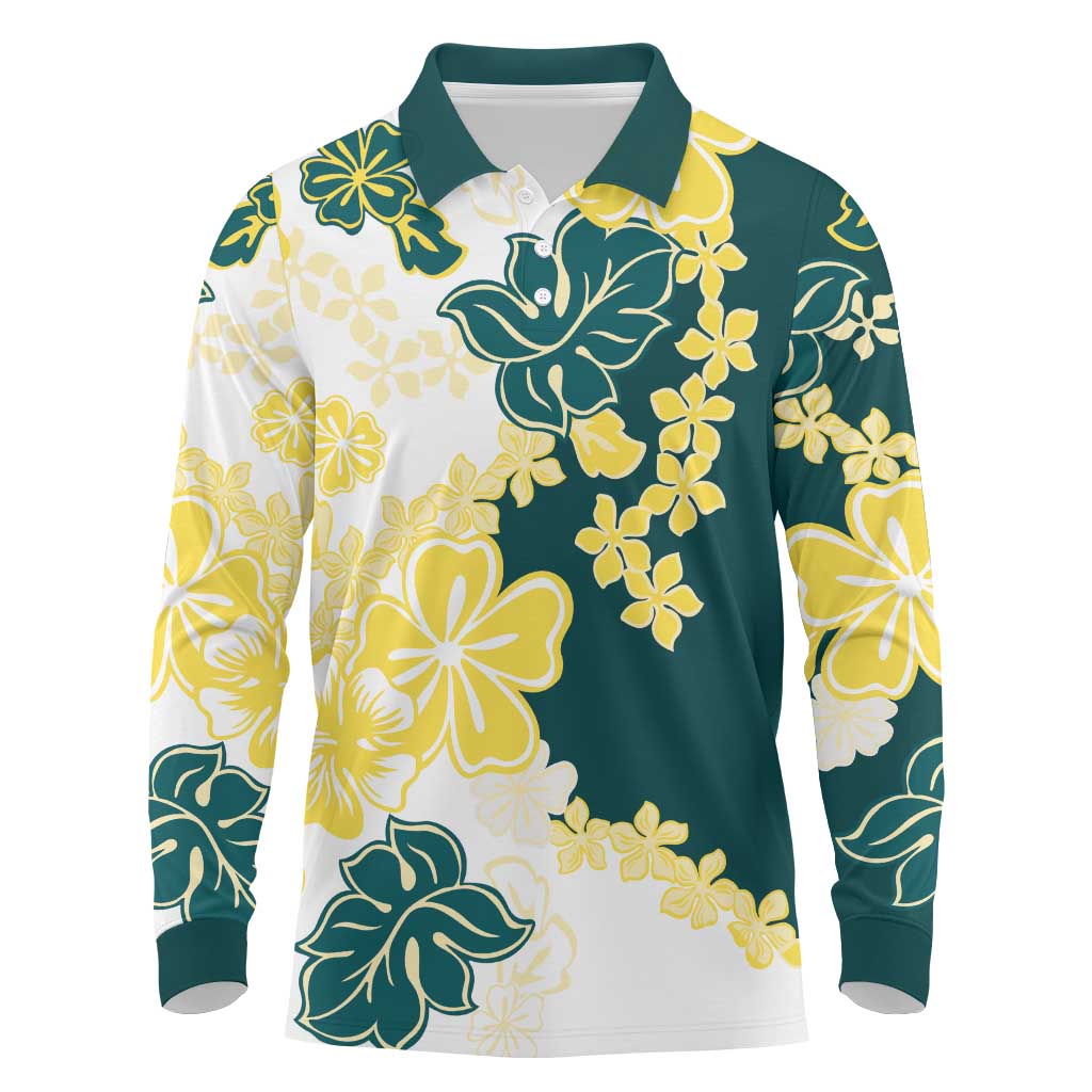 Yelow Teal Hibiscus Plumeria Floral Long Sleeve Polo Shirt LT01 Yellow - Polynesian Pride