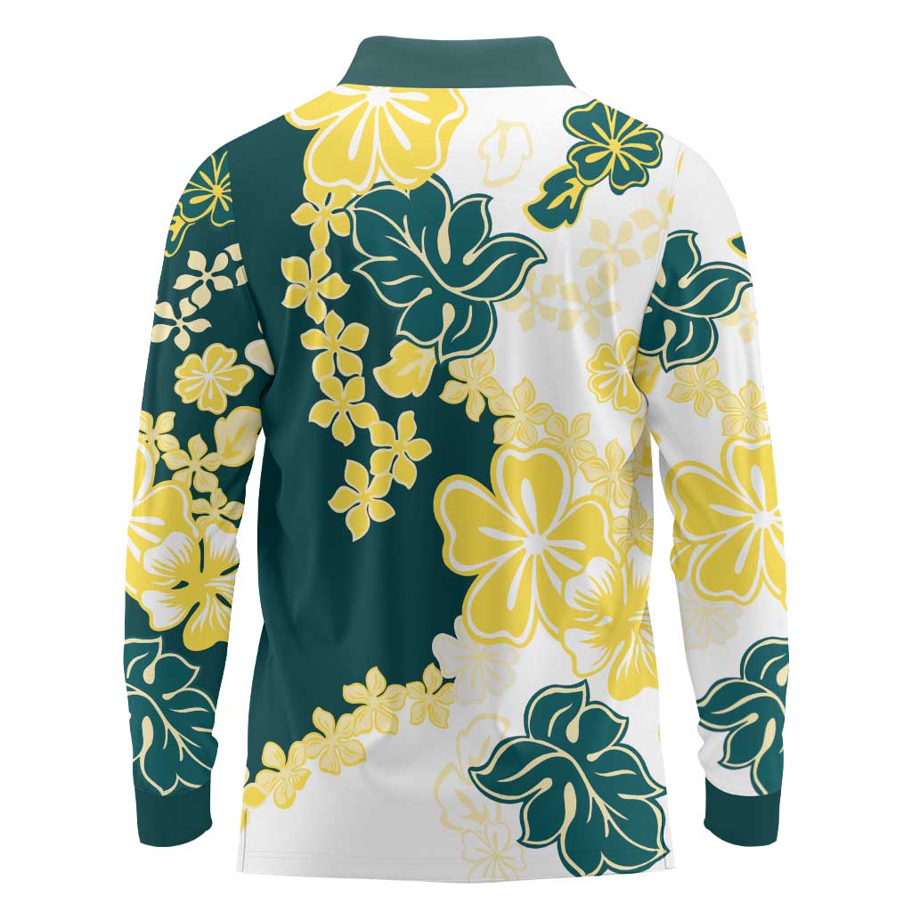 Yelow Teal Hibiscus Plumeria Floral Long Sleeve Polo Shirt LT01 - Polynesian Pride