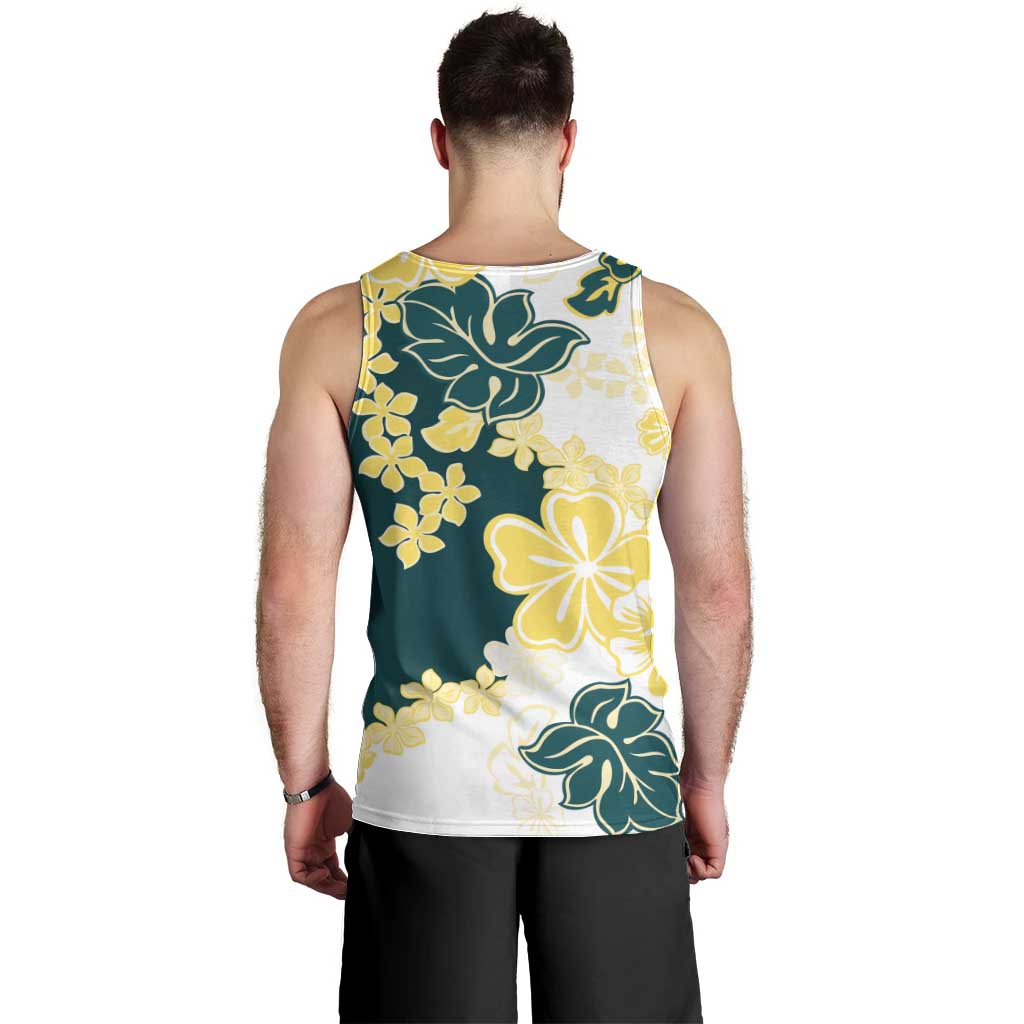 Yelow Teal Hibiscus Plumeria Floral Men Tank Top - Polynesian Pride