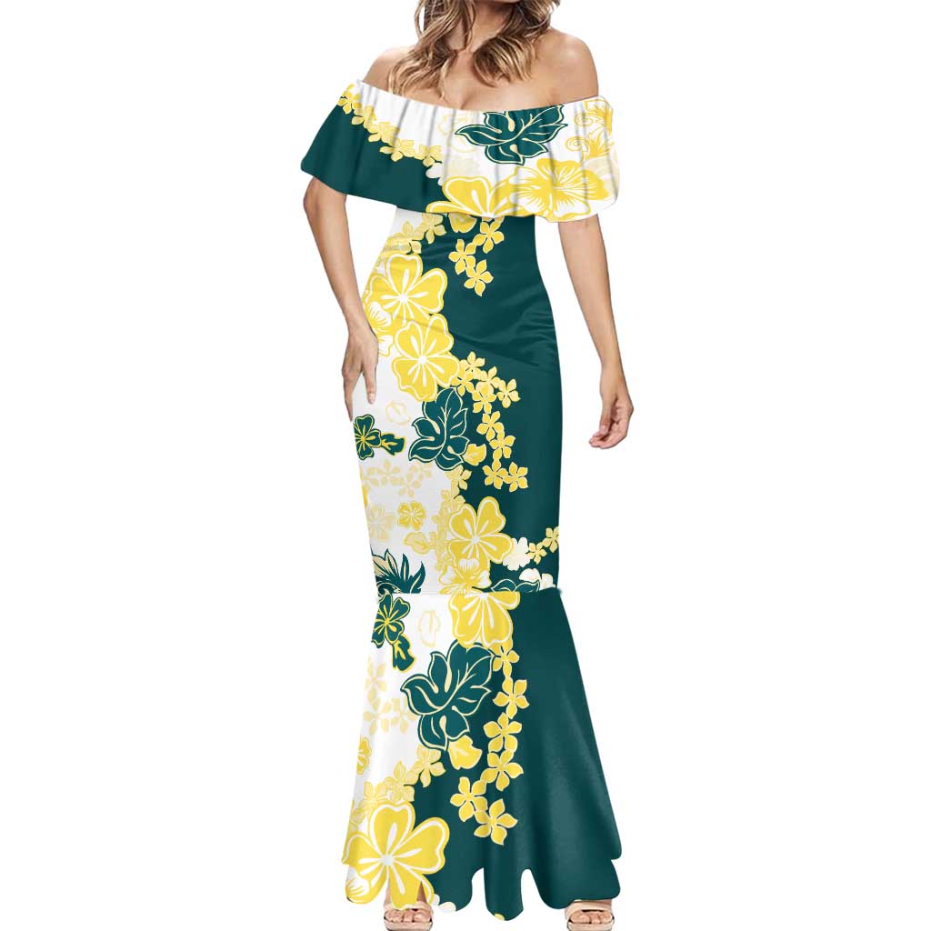 Yelow Teal Hibiscus Plumeria Floral Mermaid Dress - Polynesian Pride