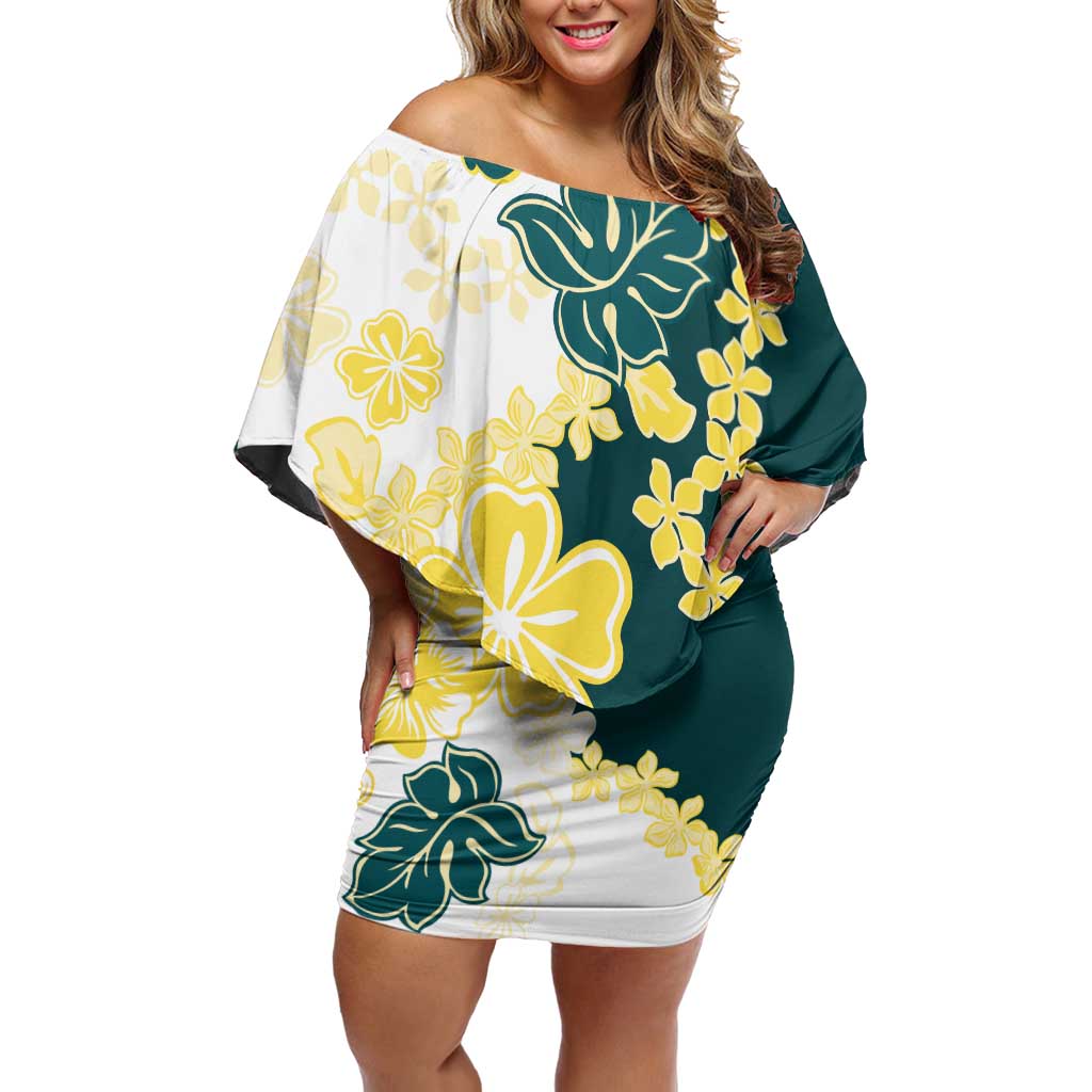 Yelow Teal Hibiscus Plumeria Floral Off Shoulder Short Dress - Polynesian Pride