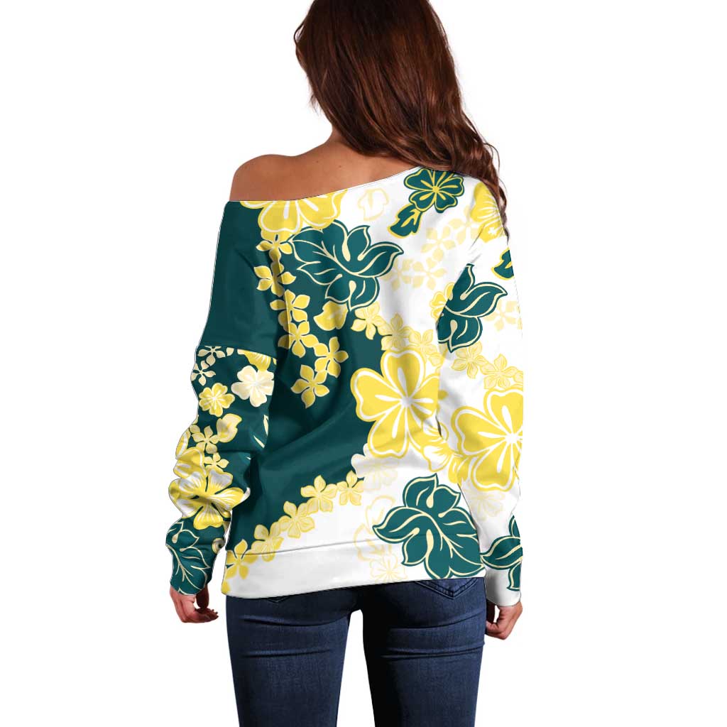 Yelow Teal Hibiscus Plumeria Floral Off Shoulder Sweater - Polynesian Pride