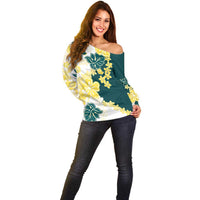 Yelow Teal Hibiscus Plumeria Floral Off Shoulder Sweater - Polynesian Pride
