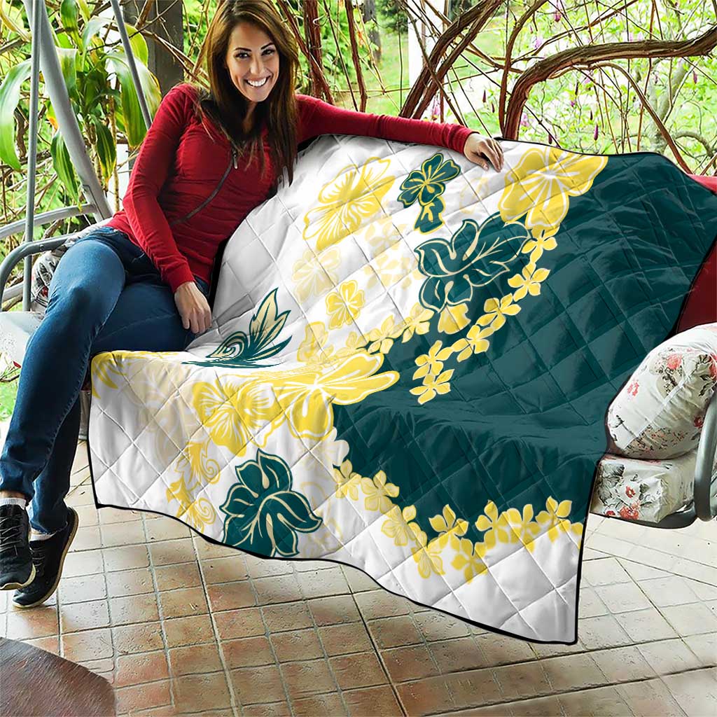 Yelow Teal Hibiscus Plumeria Floral Quilt - Polynesian Pride