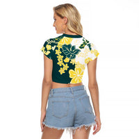 Yelow Teal Hibiscus Plumeria Floral Raglan Cropped T Shirt - Polynesian Pride