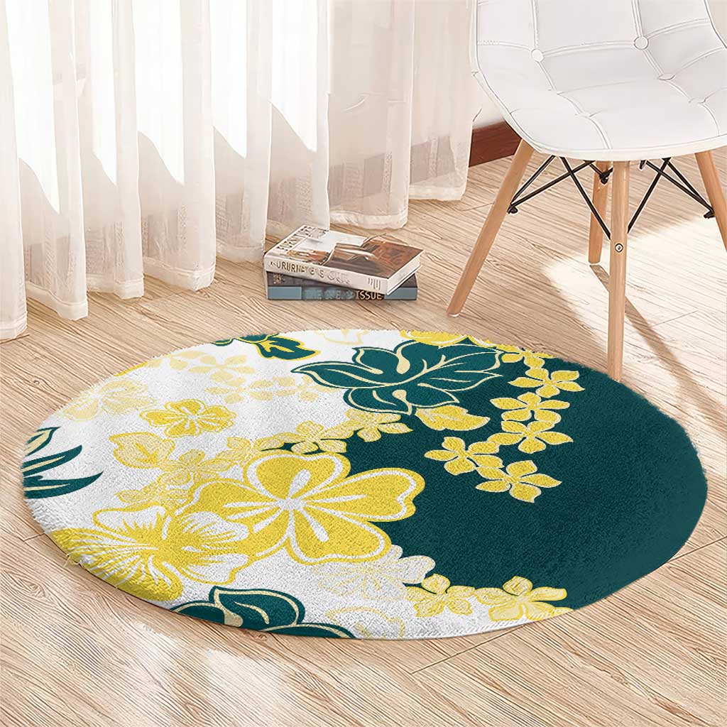 Yelow Teal Hibiscus Plumeria Floral Round Carpet - Polynesian Pride