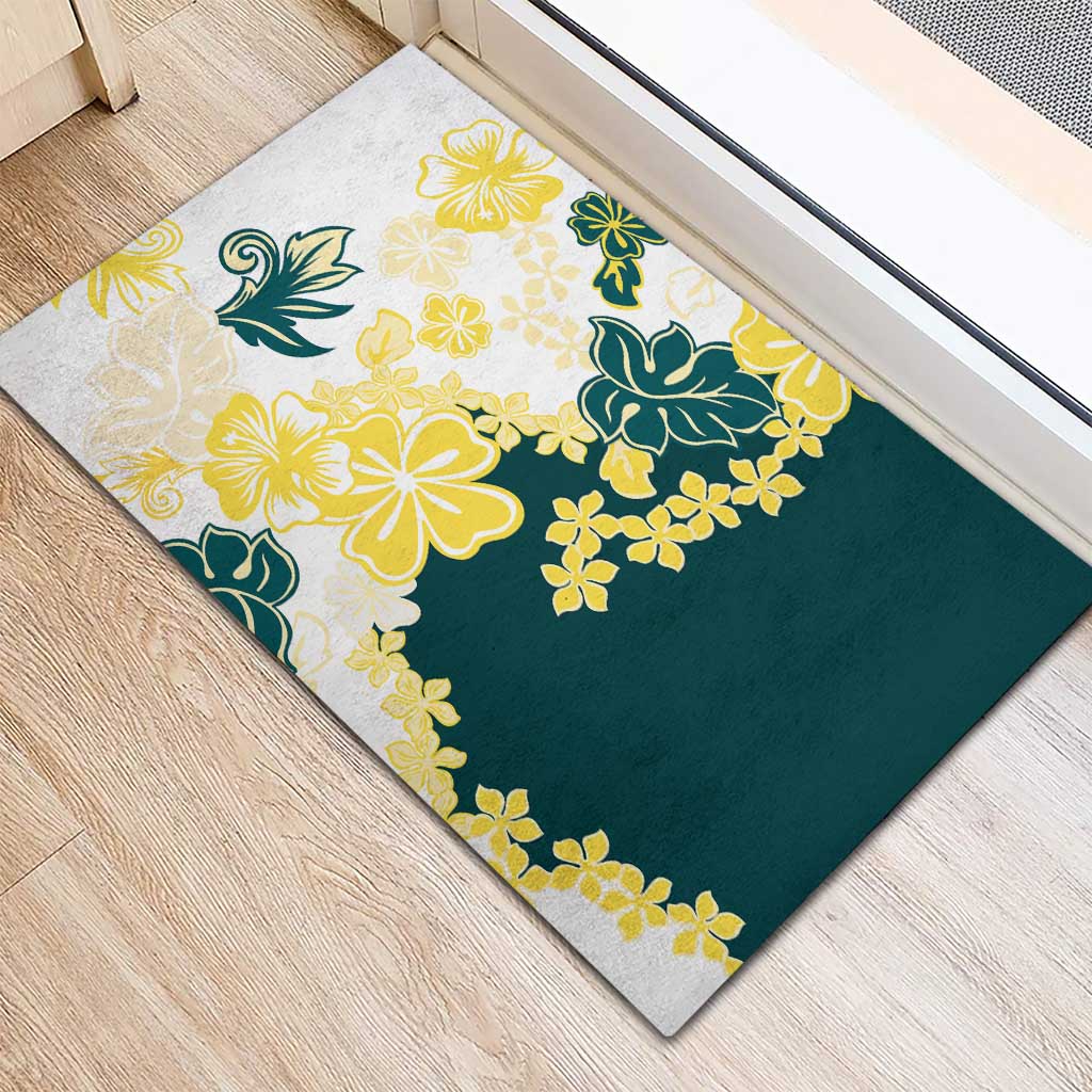 Yelow Teal Hibiscus Plumeria Floral Rubber Doormat LT01 - Polynesian Pride