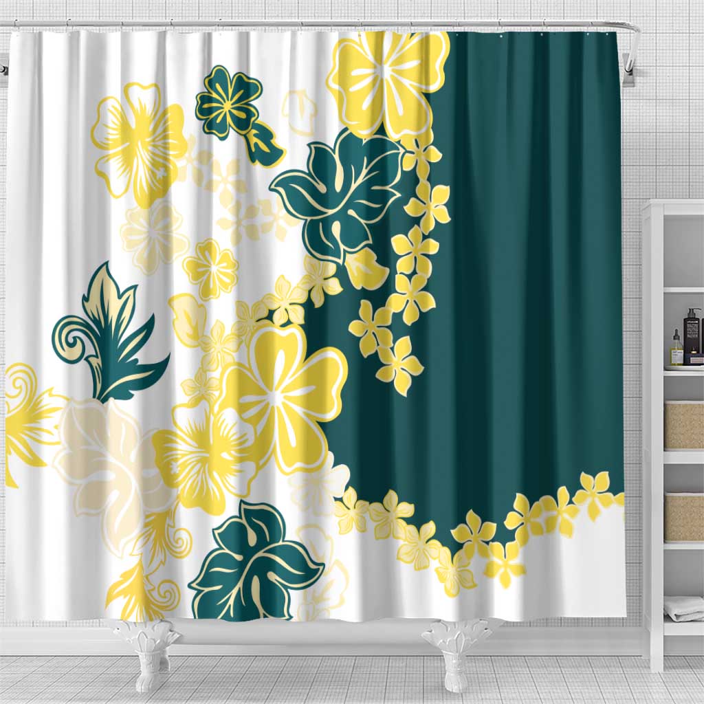 Yelow Teal Hibiscus Plumeria Floral Shower Curtain - Polynesian Pride
